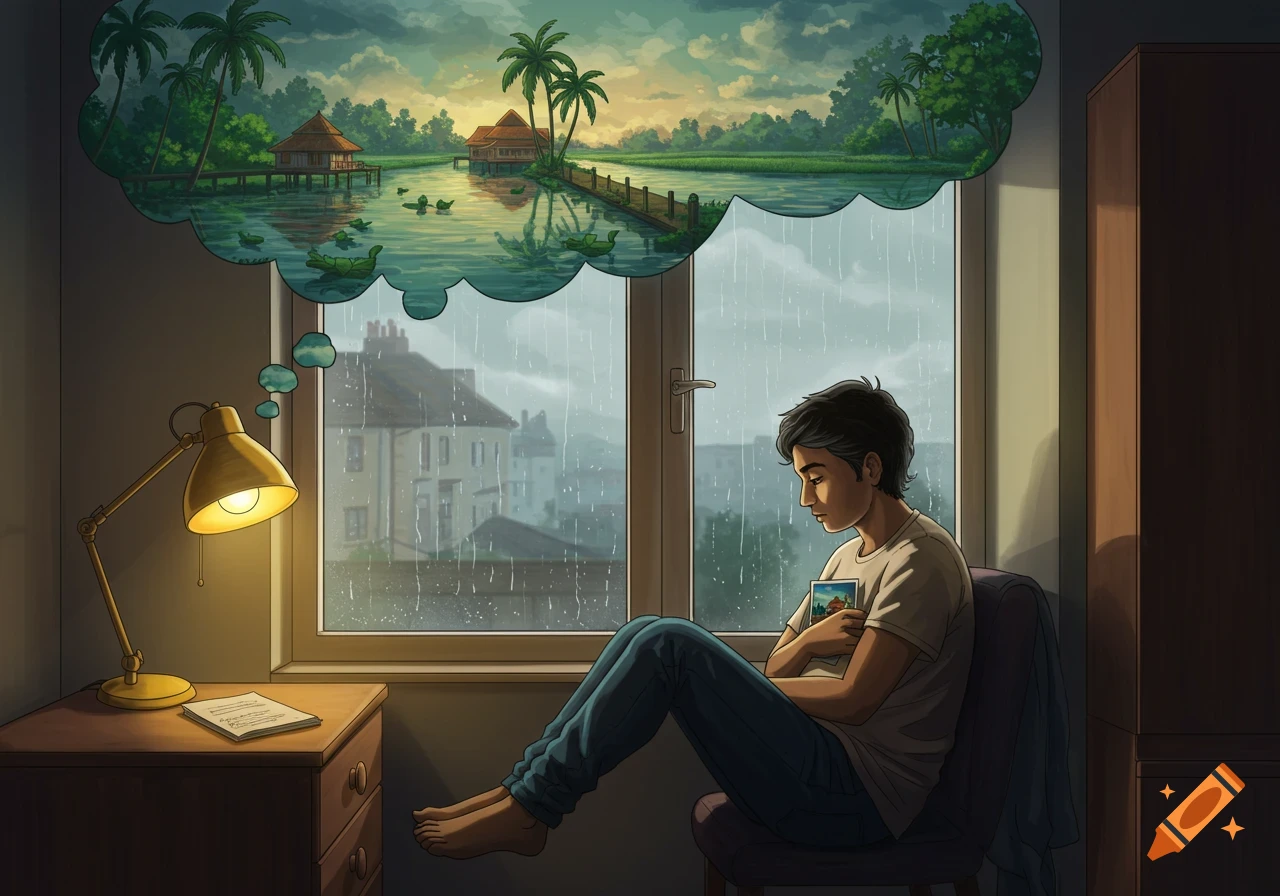 A Ghibli-style illustration of a person sitting by a window on a rainy day, holding a photo, with a thought bubble showing a tropical backwater scene.