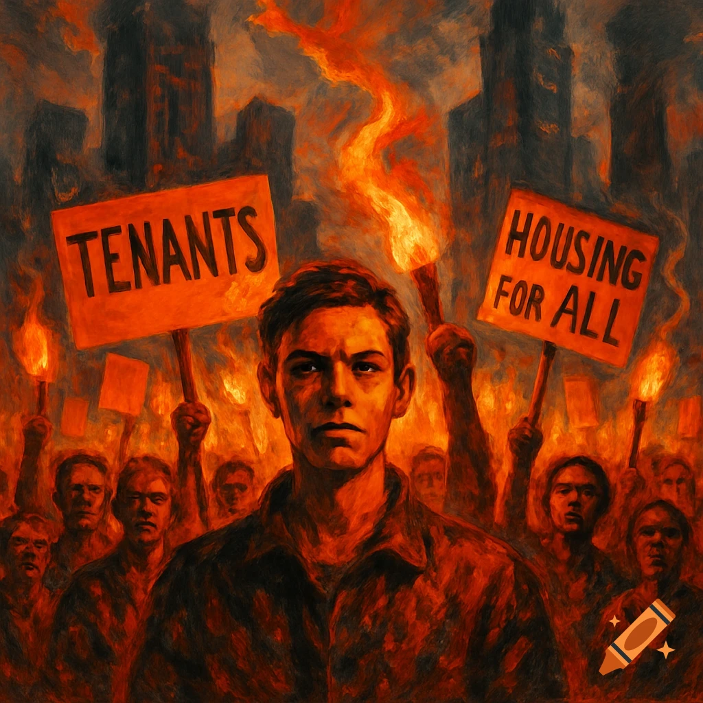 A dark, dramatic painting of a determined young man leading a fiery tenants' protest in a city, with signs reading 'TENANTS' and 'HOUSING FOR ALL'.