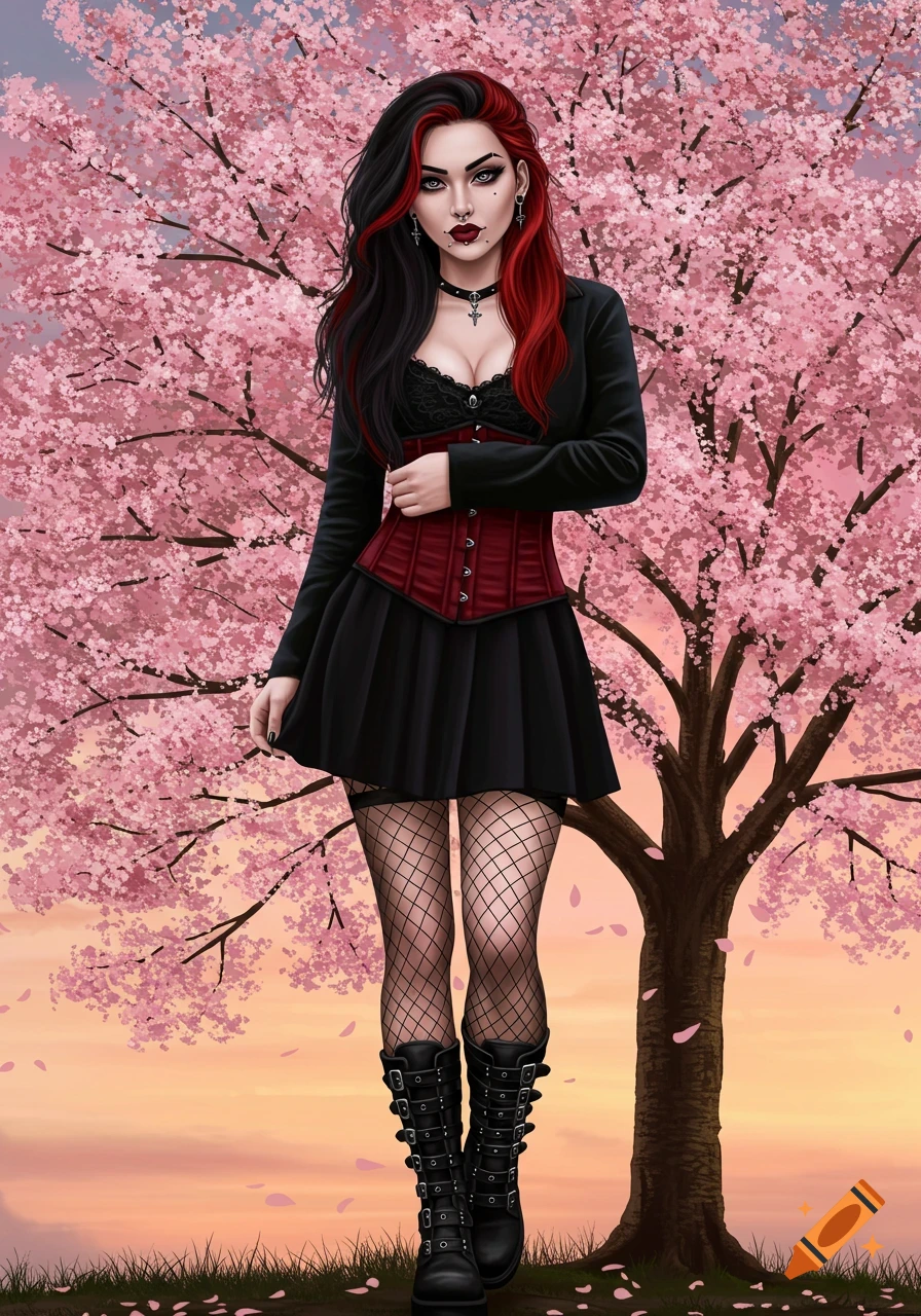 A goth girl with black and red hair, piercings, a black jacket, red corset, black skirt, fishnets, and combat boots stands under a pink cherry blossom tree at sunset.