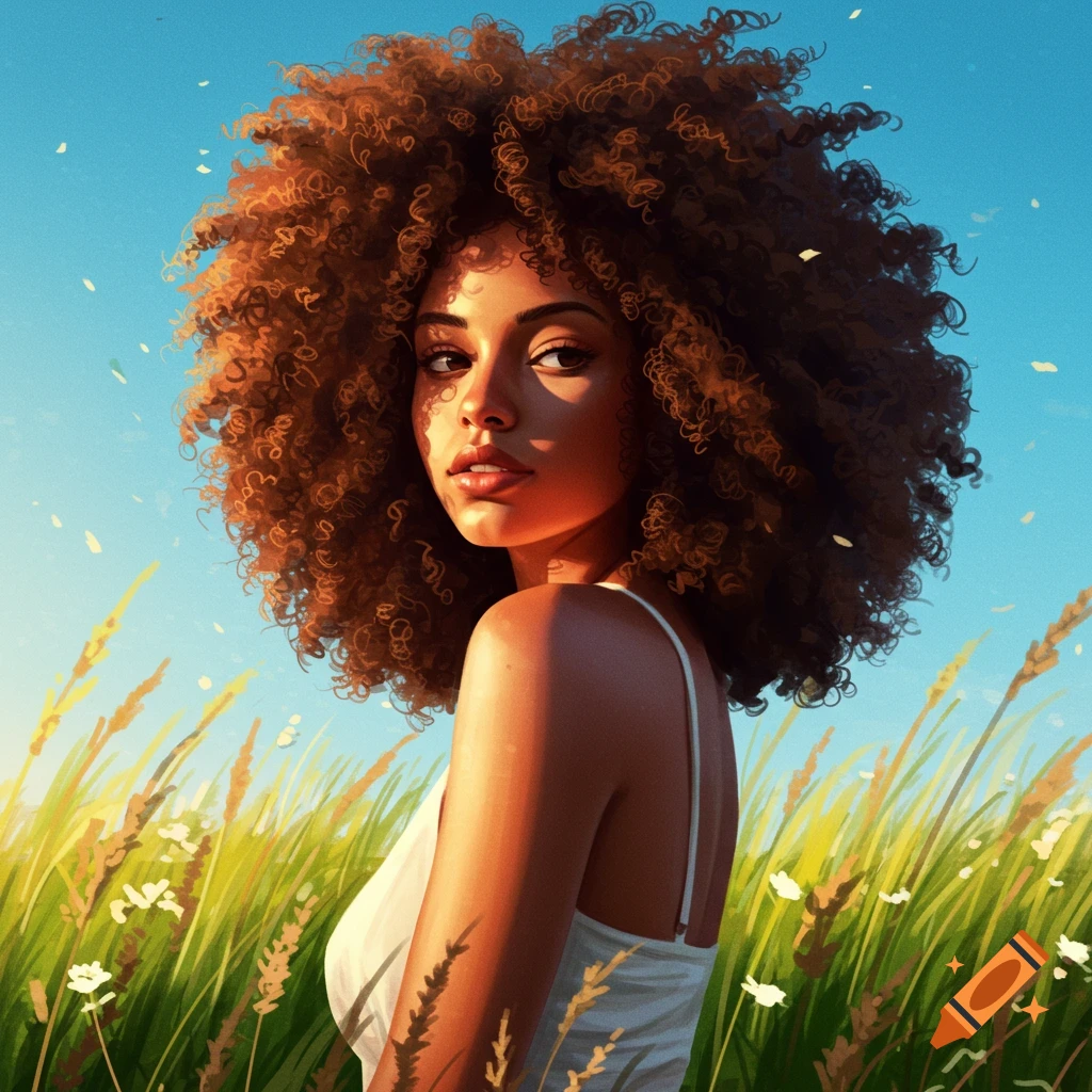 Vibrant illustration of a woman with an afro looking back, standing in a sunny field of tall grass under a blue sky.
