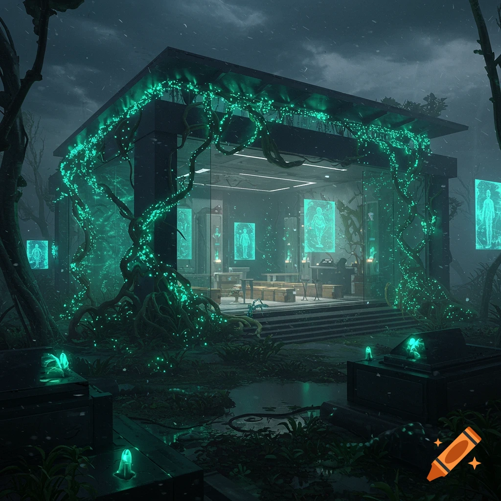 A dark, futuristic glass building overgrown with glowing green vines and anatomical diagrams on screens, in a misty forest.