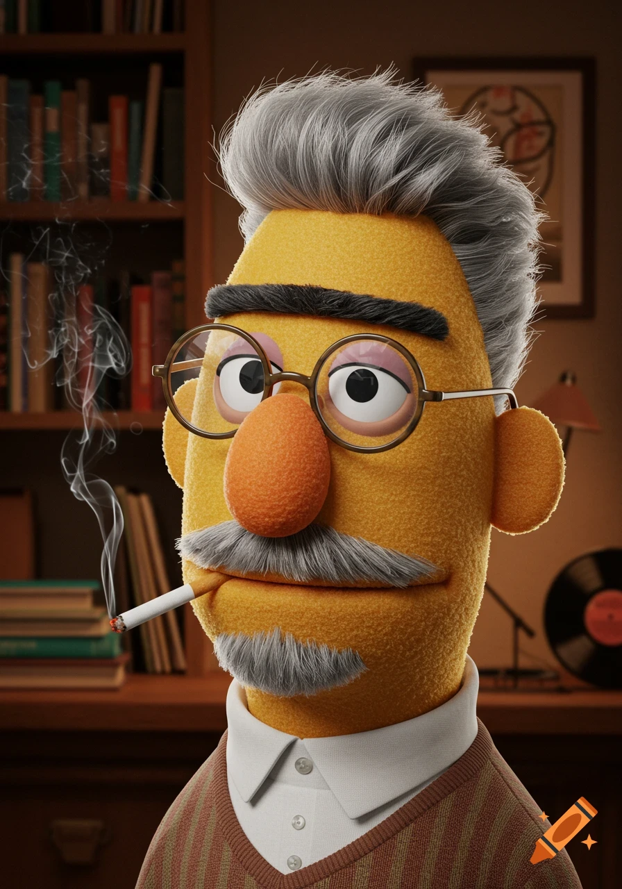 Photorealistic 3D render of an aged Bert from Sesame Street with grey hair, glasses, and a mustache, smoking a cigarette in a study.
