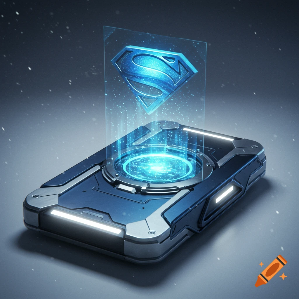 A metallic blue and silver handheld device emitting a blue holographic Superman symbol.