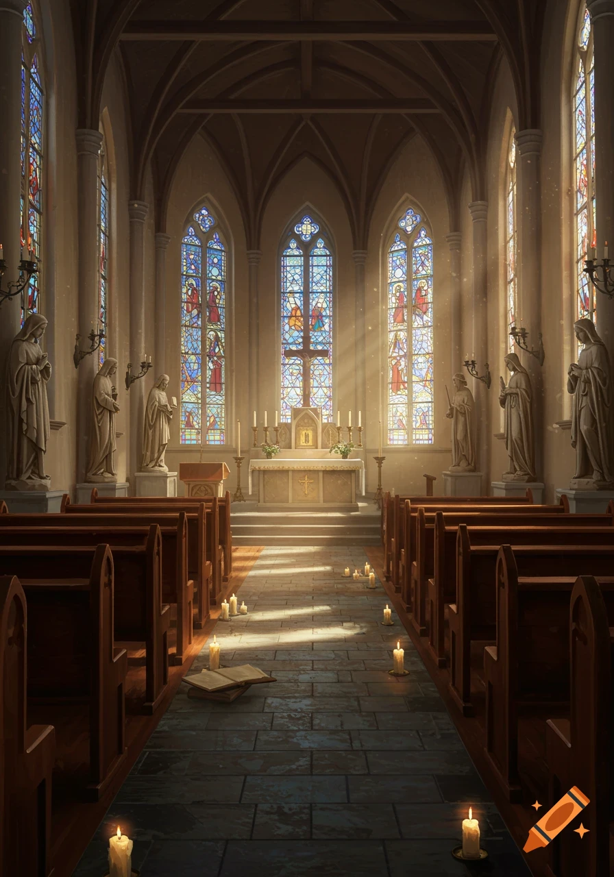 Beautiful church interior with stained glass windows, statues, altar, pews, and lit candles, bathed in sunlight.