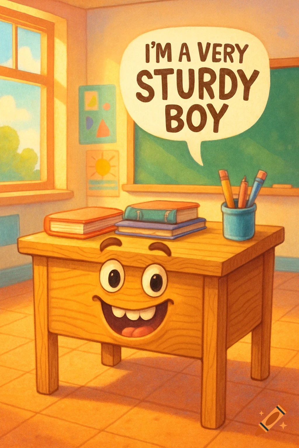 A happy cartoon wooden desk with a face in a classroom, saying 'I'M A VERY STURDY BOY' in a speech bubble.