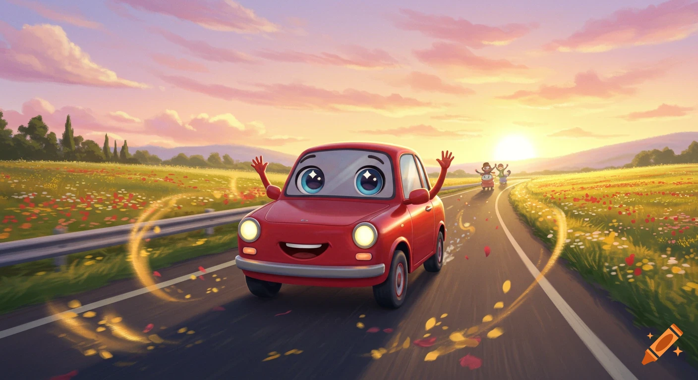 A cute red cartoon car with big eyes and waving hands drives on a highway through a field of wildflowers at sunset.
