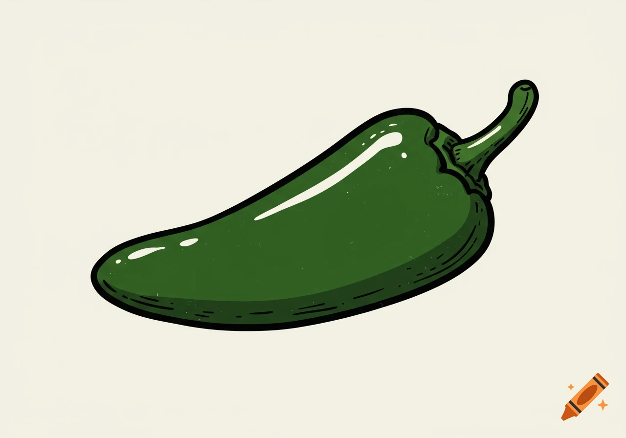 Hand-drawn green jalape o pepper with bold outlines, highlights, and light texture on an off-white background.