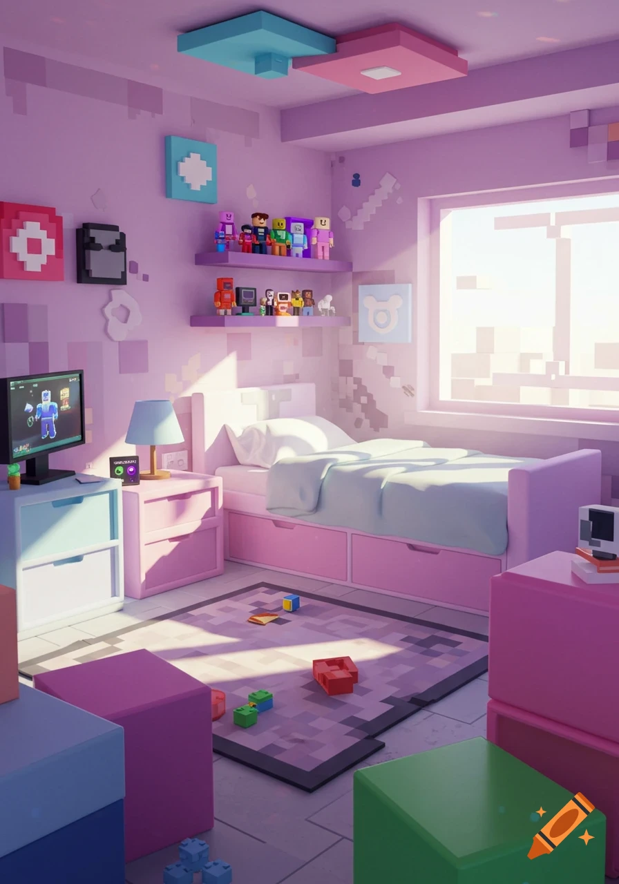 A colorful pixel art bedroom inspired by Roblox, with a pink bed, desk, shelves of blocky figures, and toys.