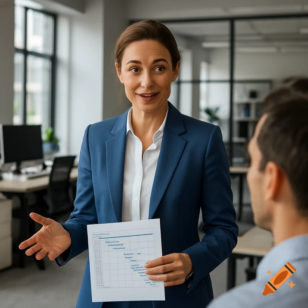 A confident woman in a blue suit holds a document and talks to a man in a modern office.