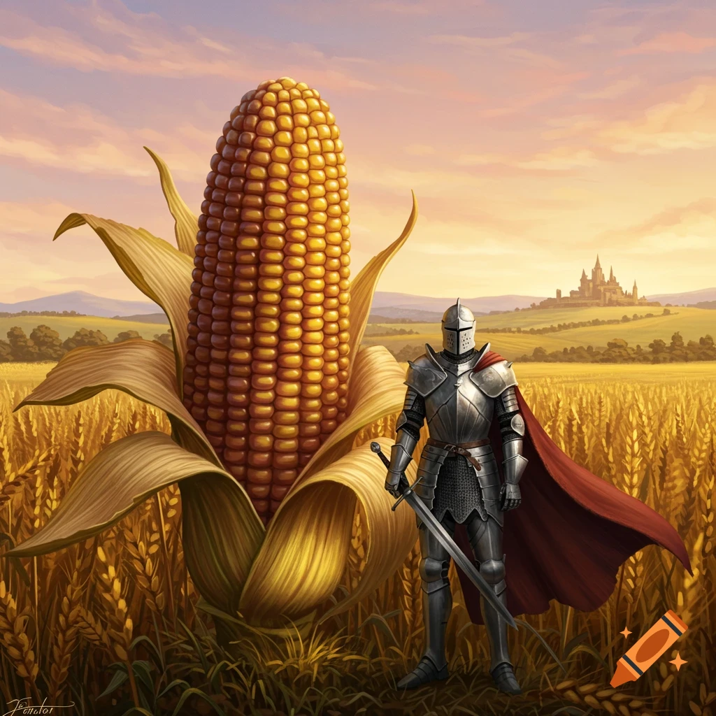 A knight in full plate armor stands next to a gigantic corn cob in a golden field, with a castle on the horizon at sunset.