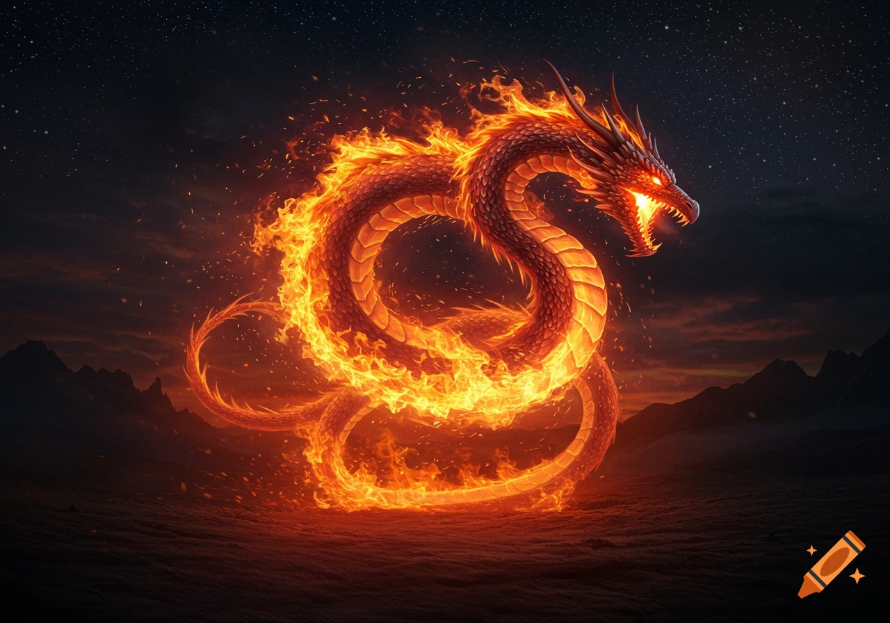 A majestic fire dragon with glowing red eyes and horns, wreathed in flames, coils against a dark, starry night sky over mountains.
