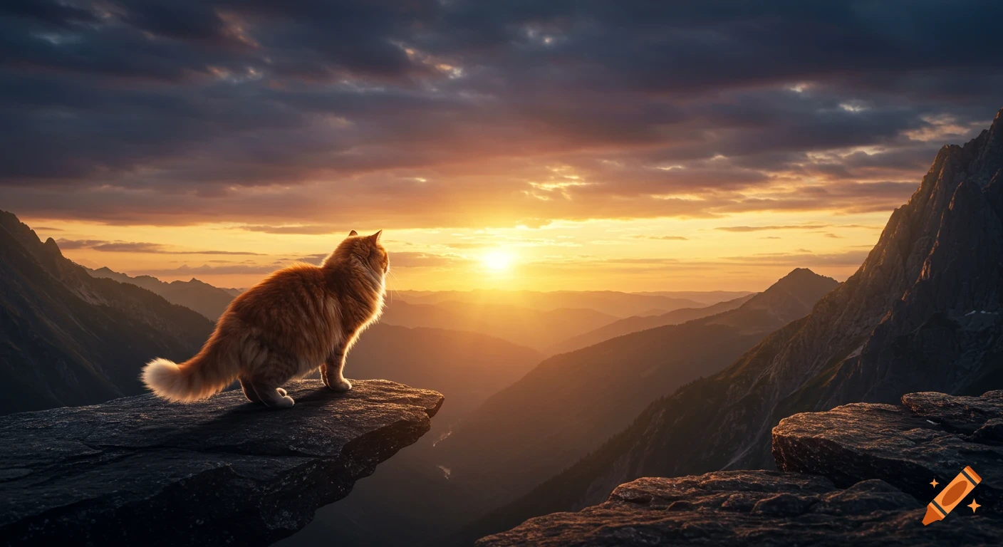 A fluffy ginger cat stands on a cliff at sunset, looking out over a majestic mountain landscape, photorealistic.