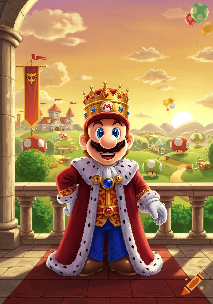 Mario, dressed as a king in a red robe and gold crown, stands on a balcony overlooking a vibrant fantasy kingdom with a castle and sunset.