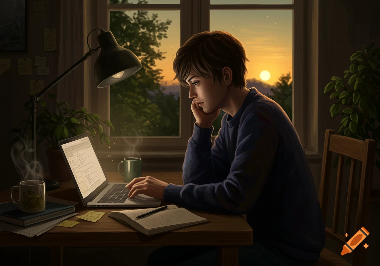 A young person with dark hair sits at a desk, looking at a laptop, with a sunset visible outside the window. Digital art.