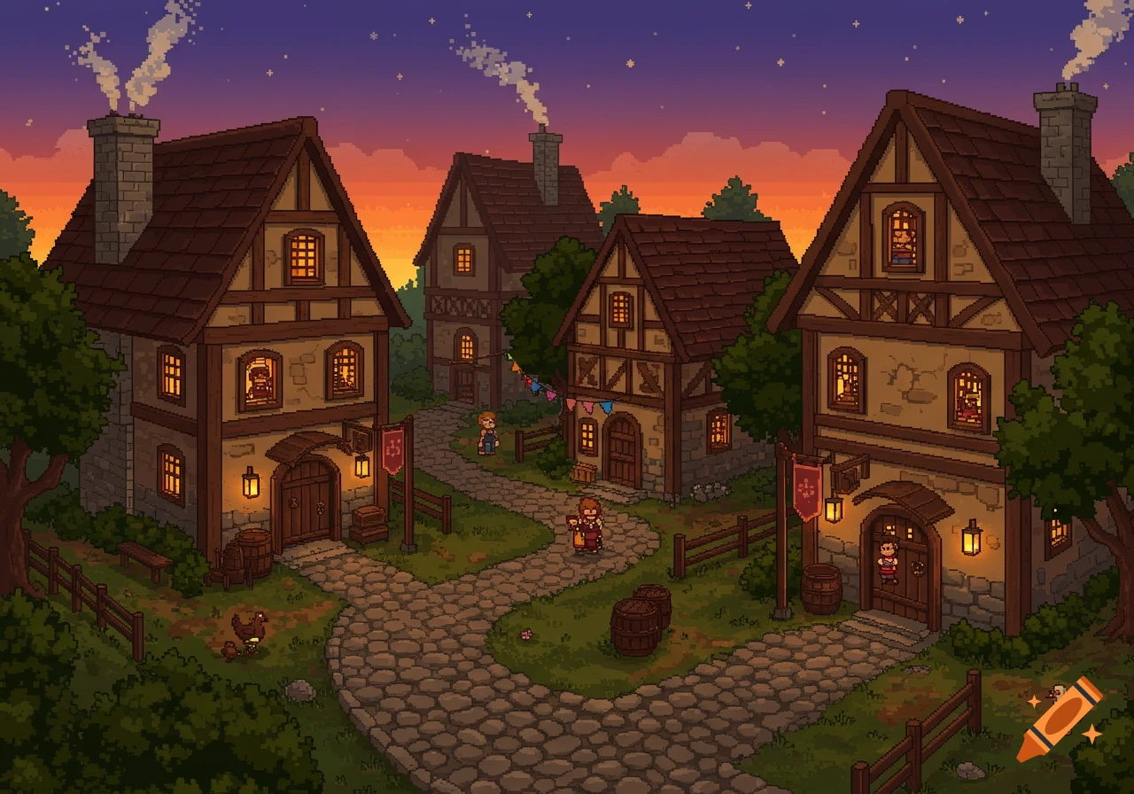 Pixel art village scene at dusk with half-timbered houses, cobblestone paths, people, and smoke from chimneys under a colorful sky.
