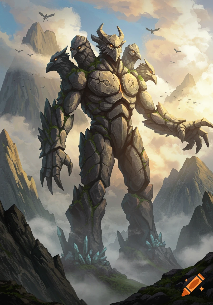 A colossal rock monster with a main horned head and three bird-like heads on its shoulders, stands in a misty mountain landscape at sunrise.