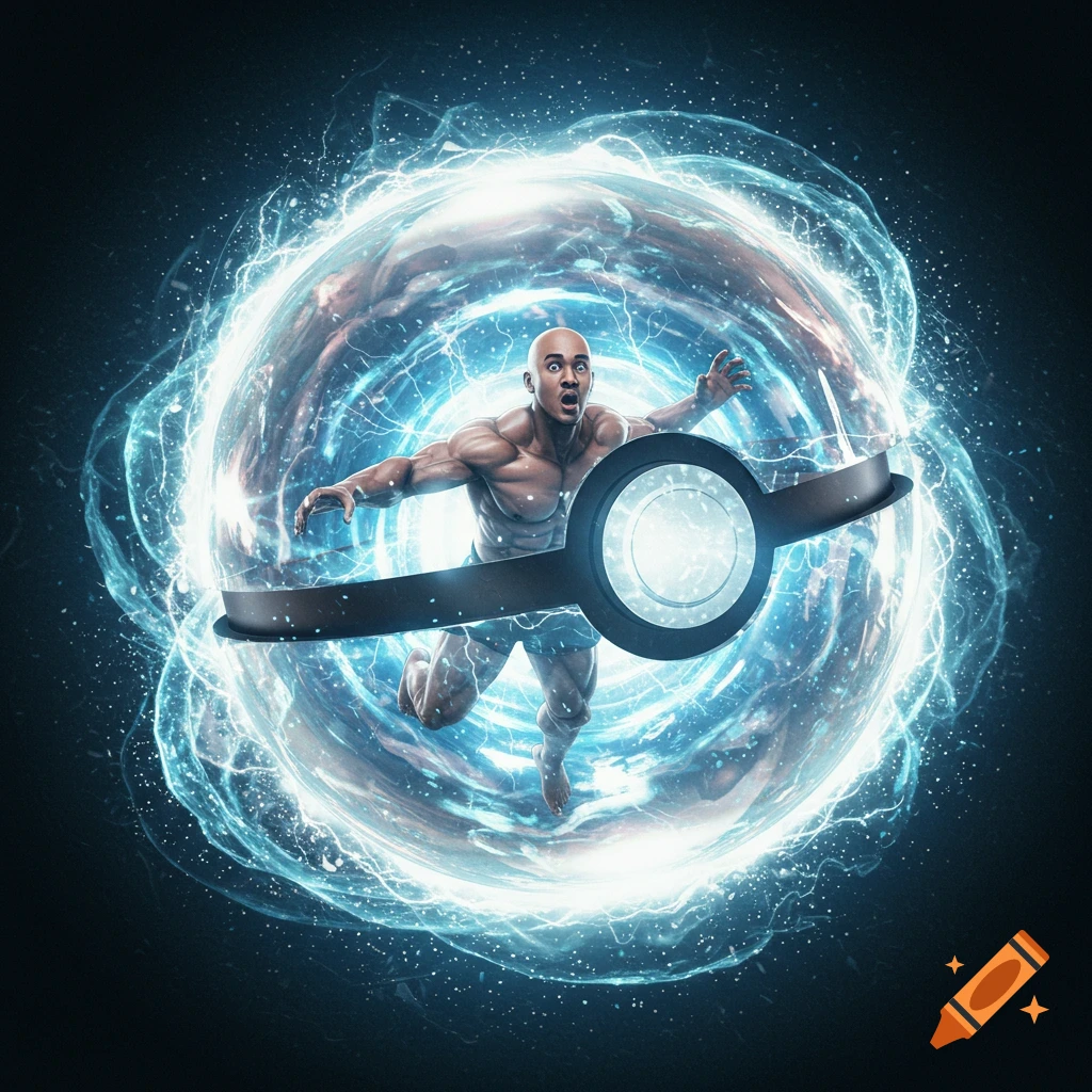 A muscular bald man with a surprised expression is caught inside a glowing Pokeball amidst swirling blue energy.
