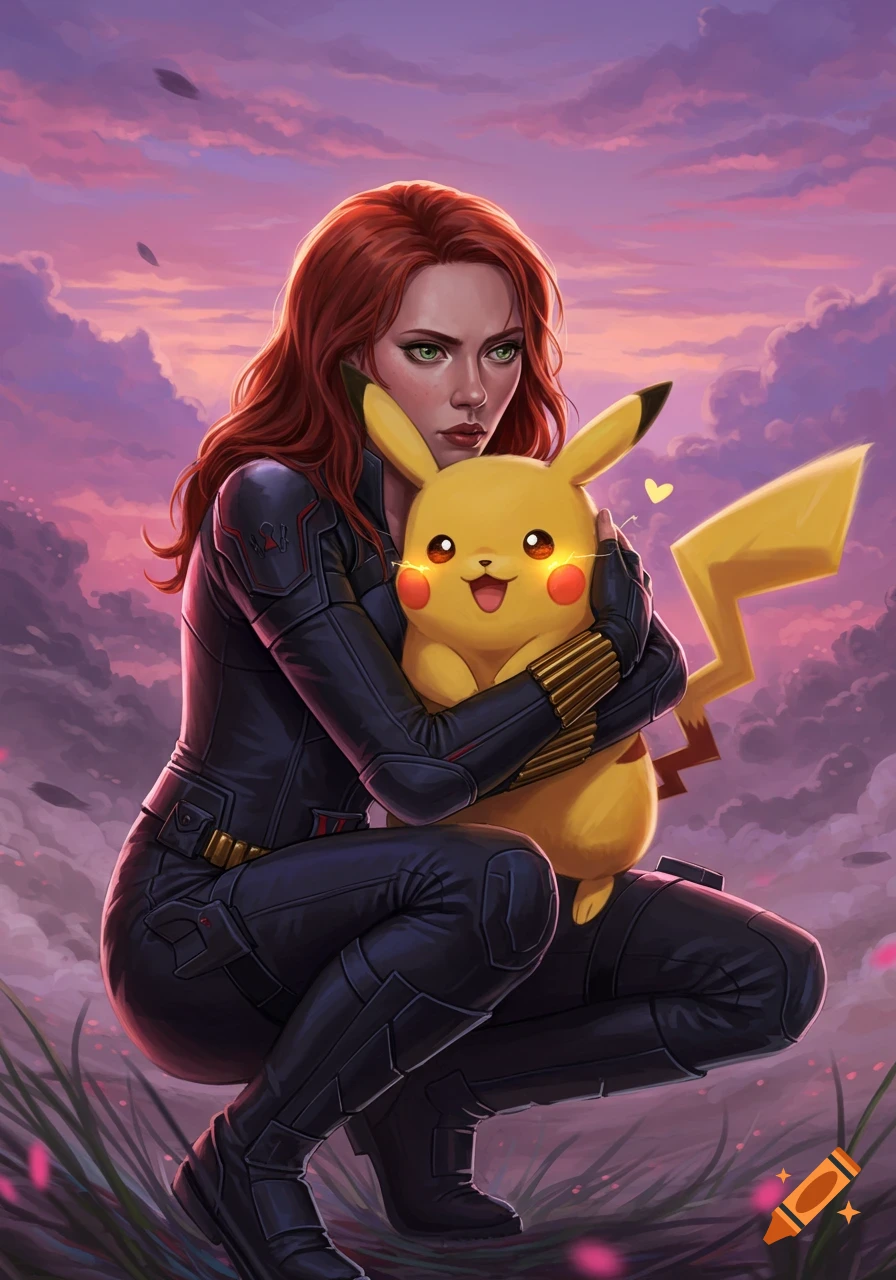 Black Widow hugs Pikachu under a vibrant pink and purple sunset sky in a detailed illustration.