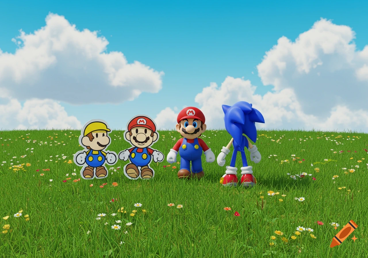 3D Mario, 3D Sonic with his back turned, Paper Mario, and a paper-style Luigi stand in a bright green field with flowers under a cloudy blue sky.