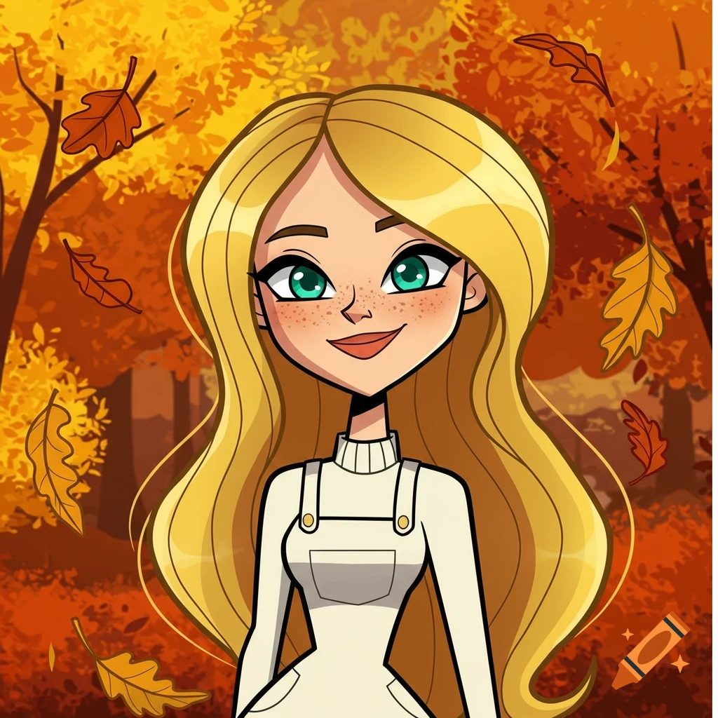 A cartoon portrait of a smiling blonde girl with teal eyes and freckles wearing a white jumper in an autumn forest with falling leaves.
