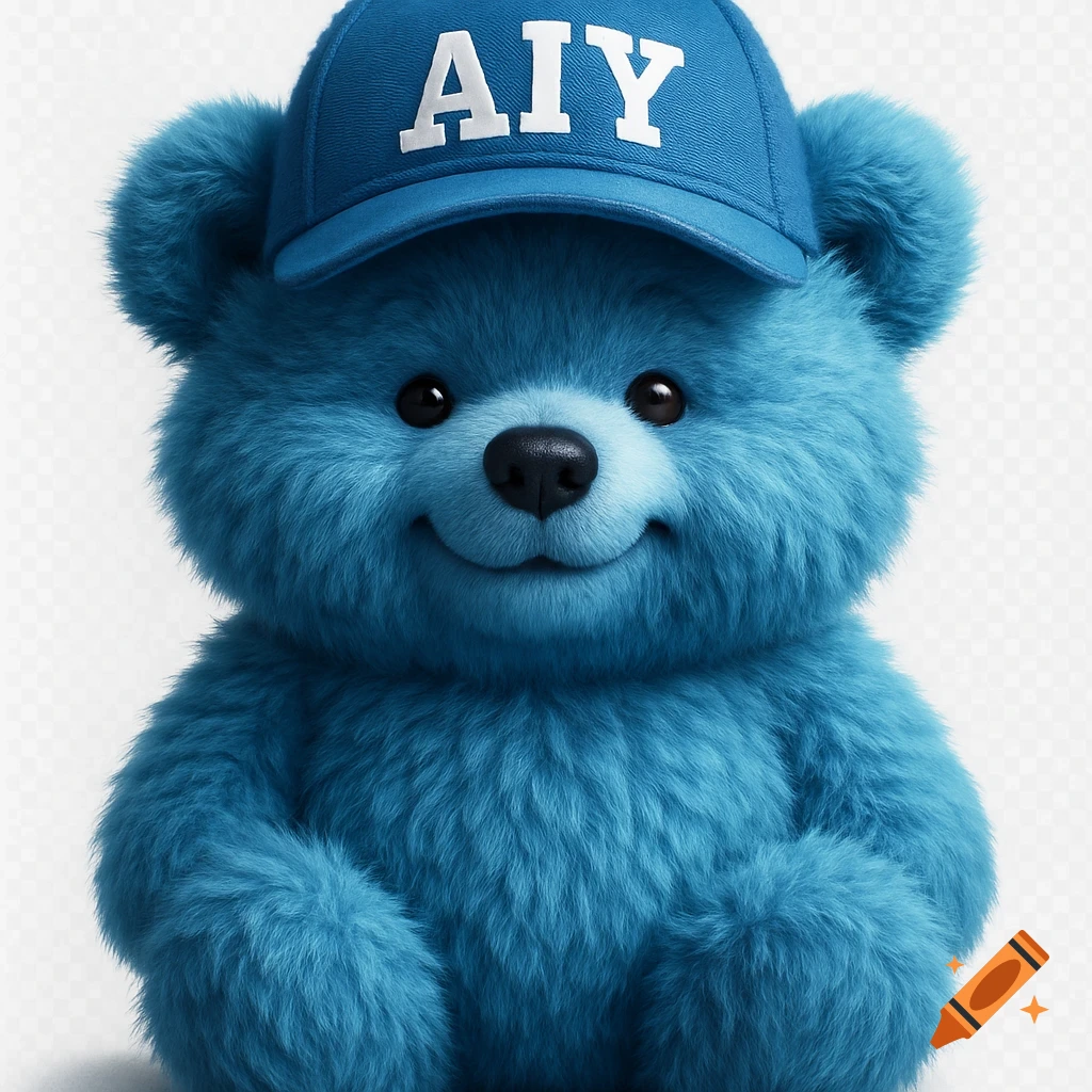 A photorealistic, cuddly blue fluffy bear wearing a blue baseball cap with "AIY" written on it, against a white background.