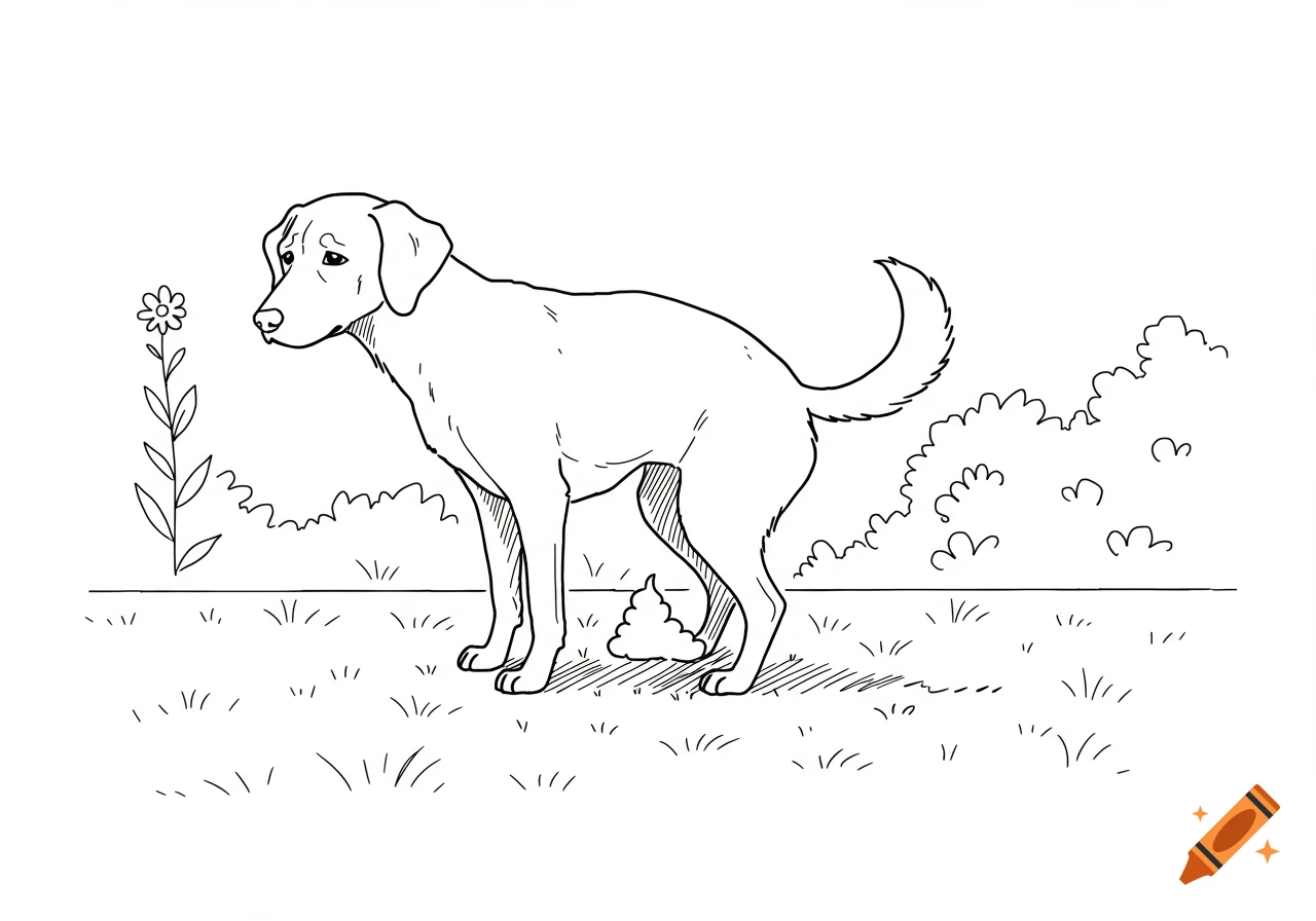 Line drawing of a dog pooping on grass next to a flower.