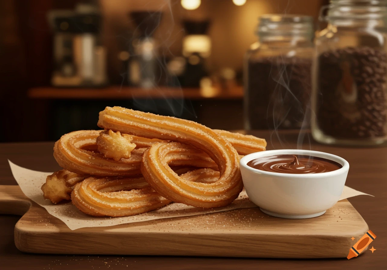 Photorealistic image of a pile of churros with sugar and a side of hot chocolate dip on a wooden board in a cafe.
