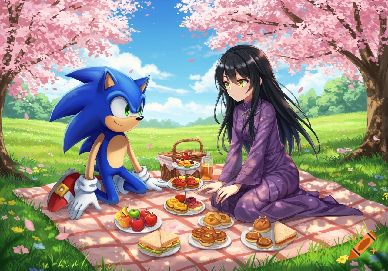 Sonic and an anime girl with black hair and yellow eyes enjoy a picnic under cherry blossom trees in a vibrant meadow.