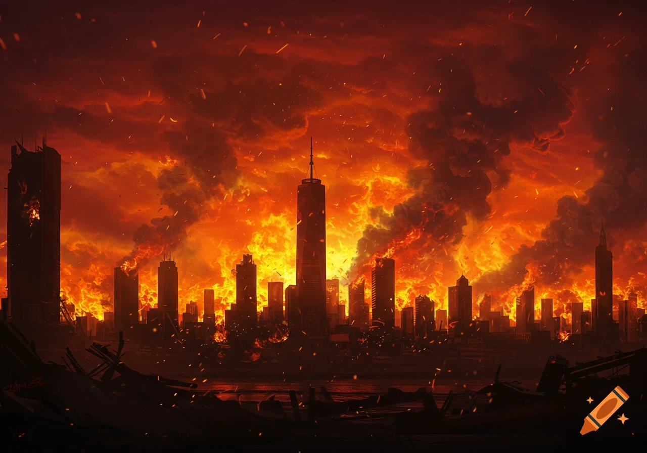 A city skyline engulfed in massive flames and smoke, with a fiery orange and red sky and falling embers.