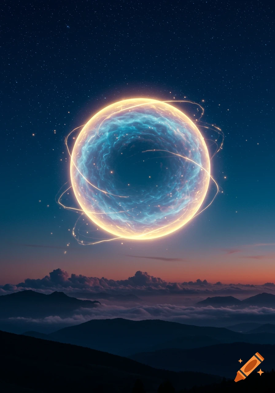 A luminous blue and yellow celestial orb hovers over a dark mountain range shrouded in mist, under a star-filled twilight sky.