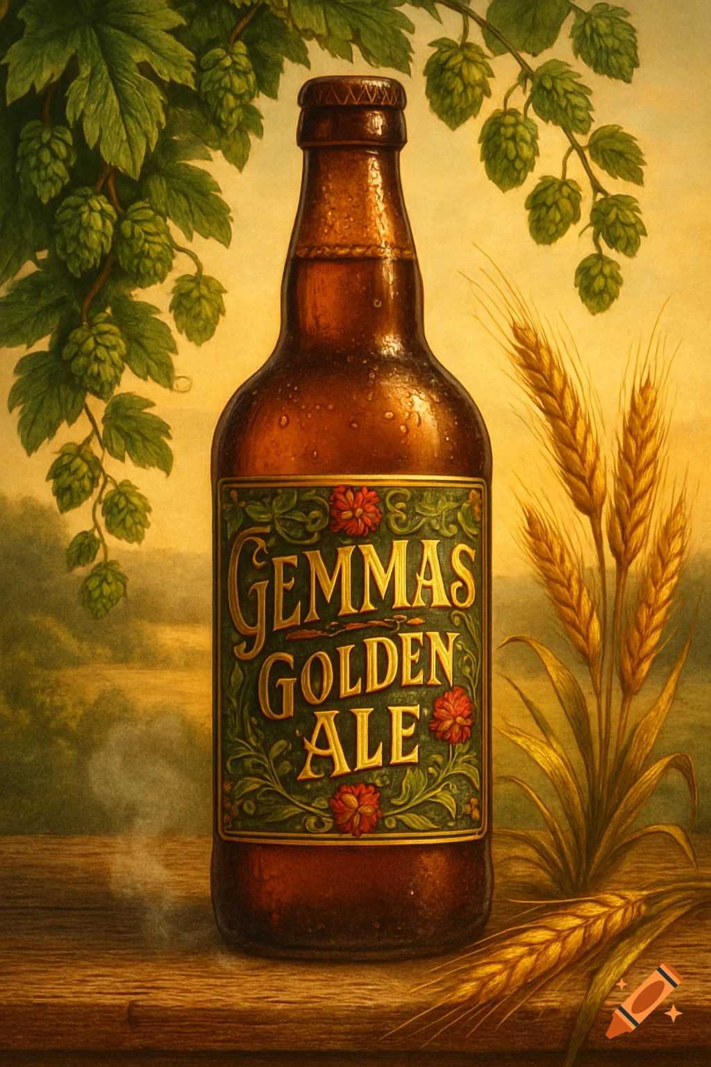 A vintage-style illustration of a GEMMAS GOLDEN ALE beer bottle with hops and wheat on a wooden table.