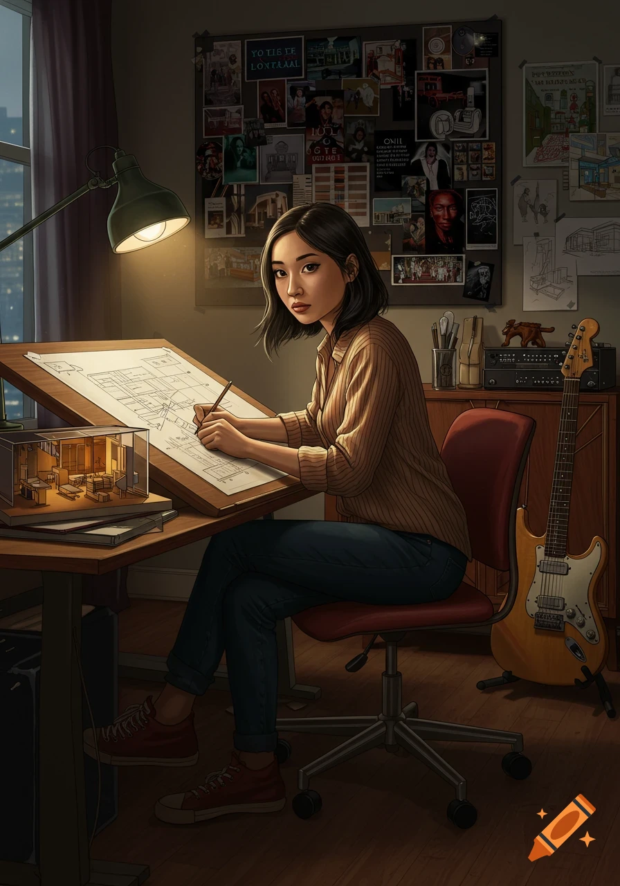 An Asian woman with short dark hair draws architectural plans at a desk, illuminated by a desk lamp, in a room with a guitar and a corkboard.
