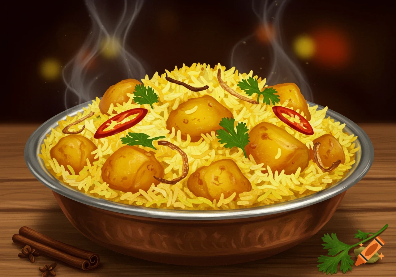 An illustration of a steaming bowl of potato biryani with cilantro, chili, and spices on a wooden table.