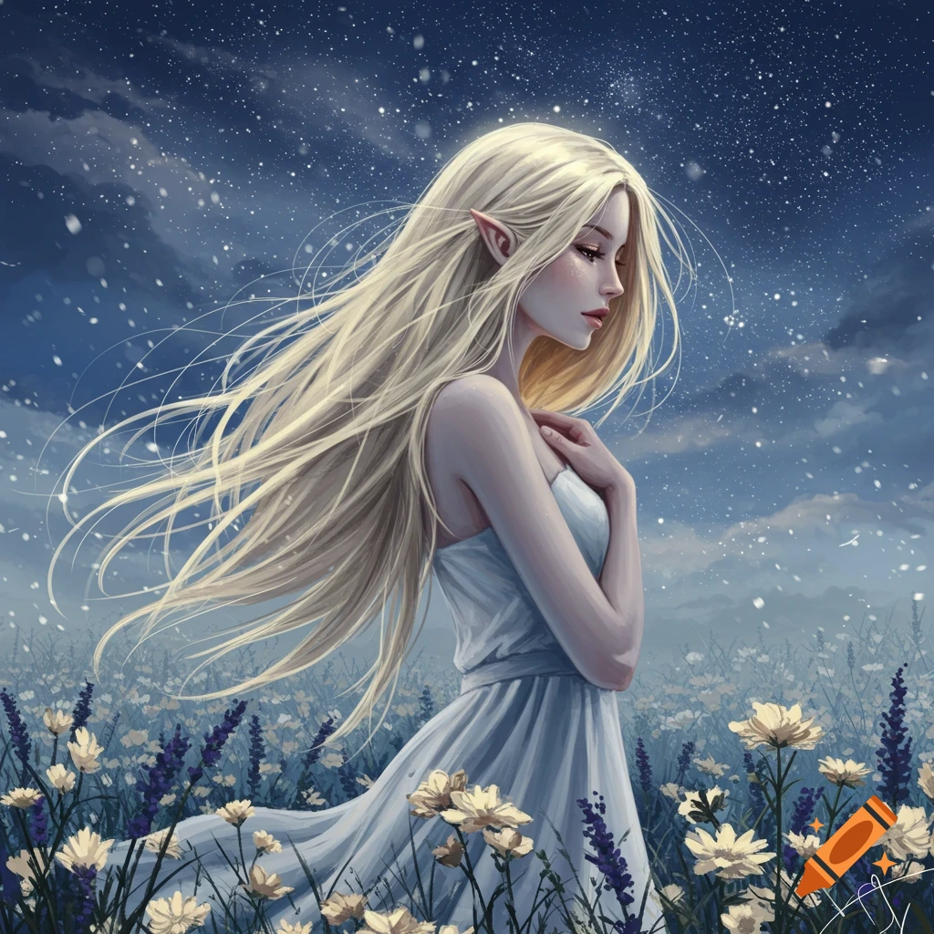 Fantasy art of a blonde elf woman with long hair in a white dress, standing in a field of flowers under a starry sky.