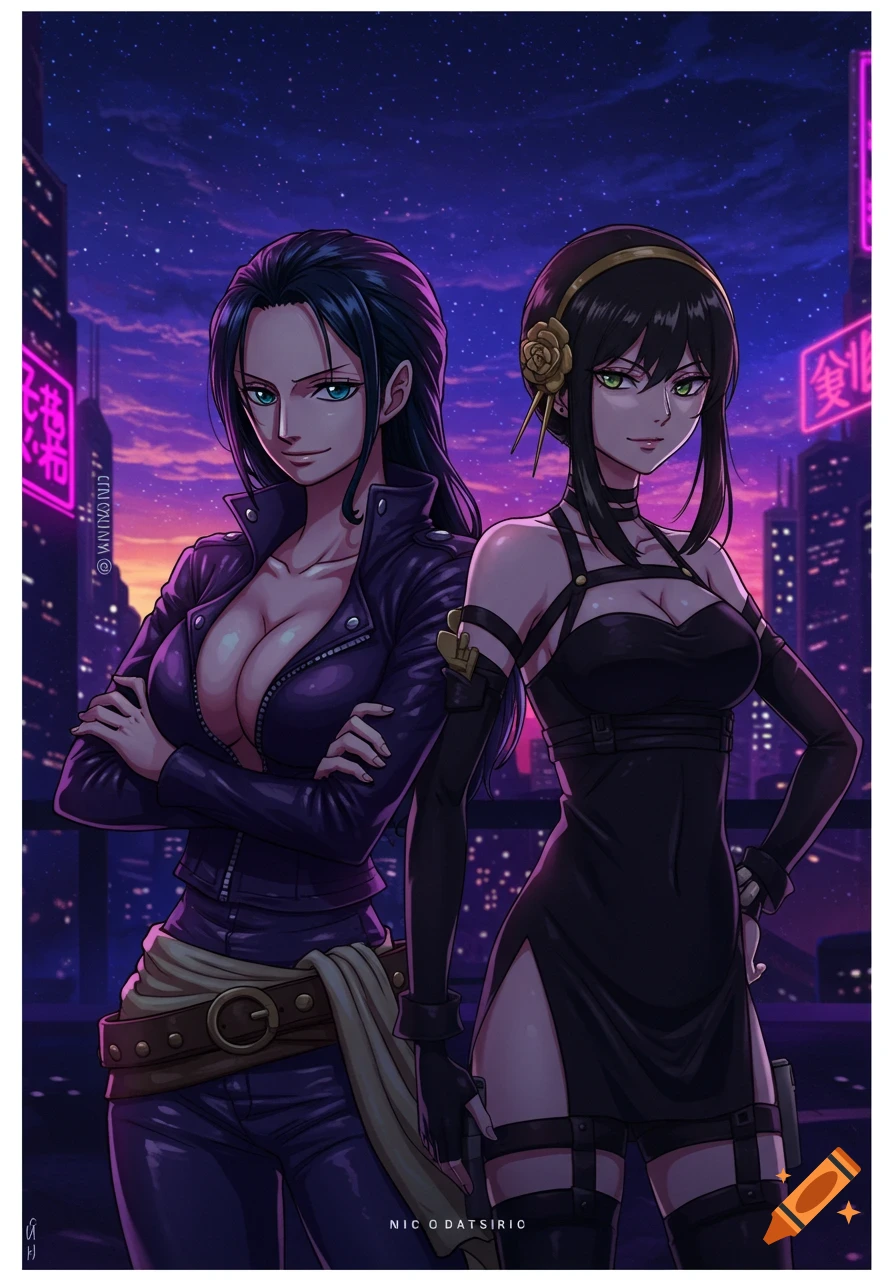 Nico Robin in a purple leather jacket and Yor Forger in a black dress, standing against a cyberpunk city night background.