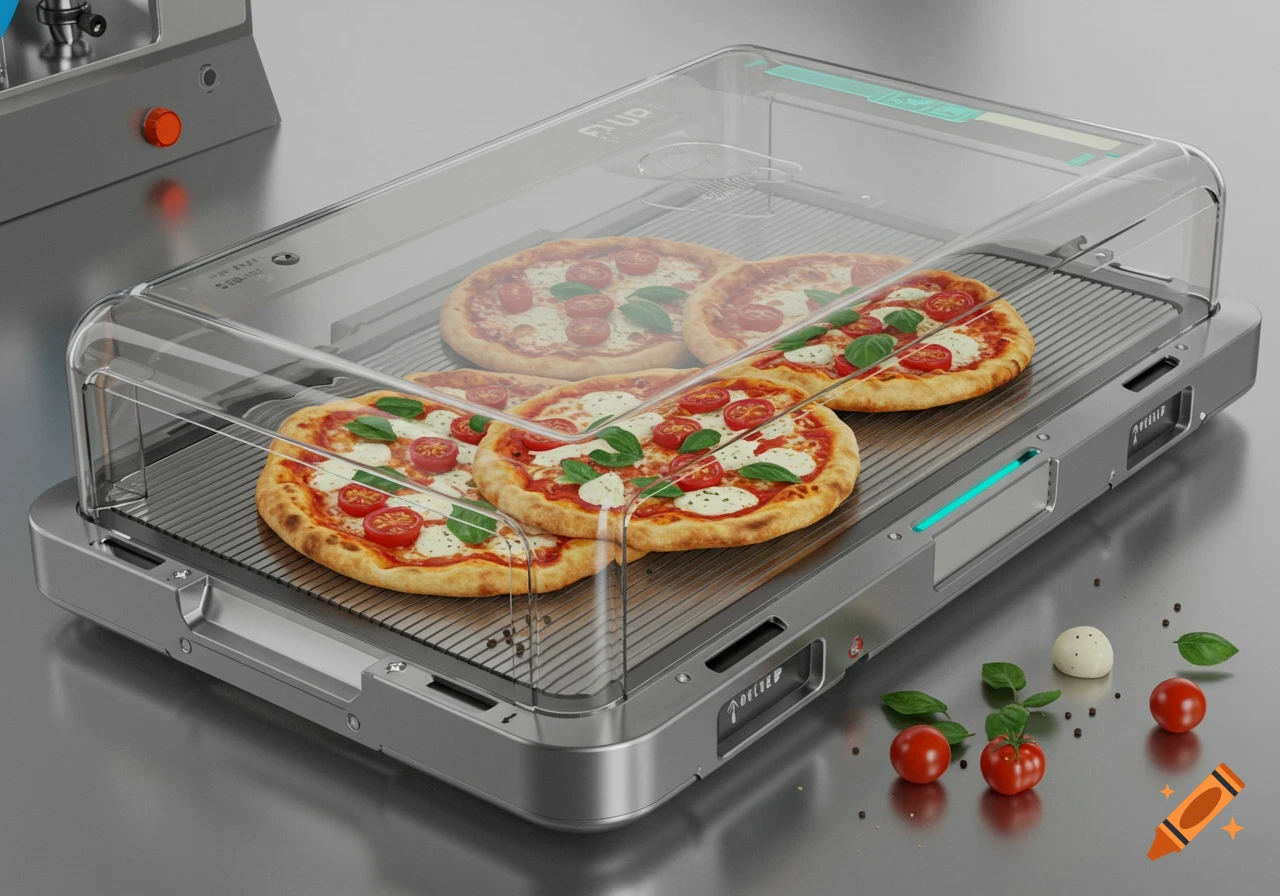 Five mini pizzas with tomatoes and basil leaves inside a clear, rectangular futuristic food warmer on a metallic surface.