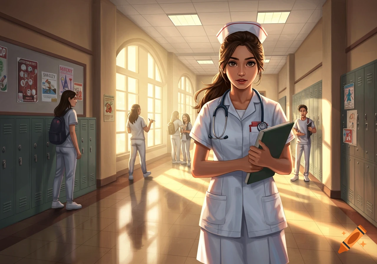 A brunette teenage girl in a nurse uniform and cap stands in a brightly lit school hallway, holding a book. Other students are in the background. Digital art.