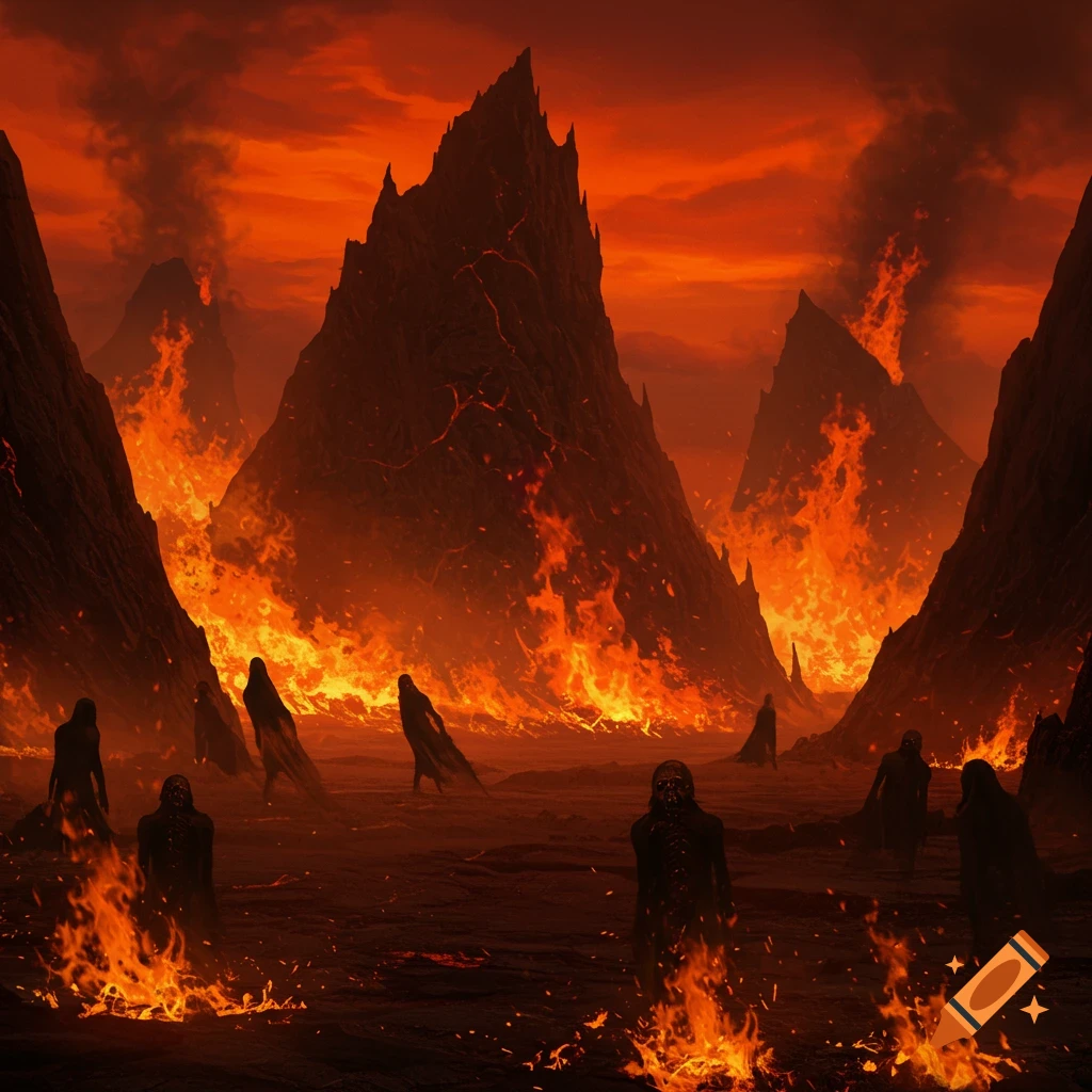 A surreal, fiery depiction of Hell with jagged mountains, lava, and shadowy figures of lost souls amidst flames.