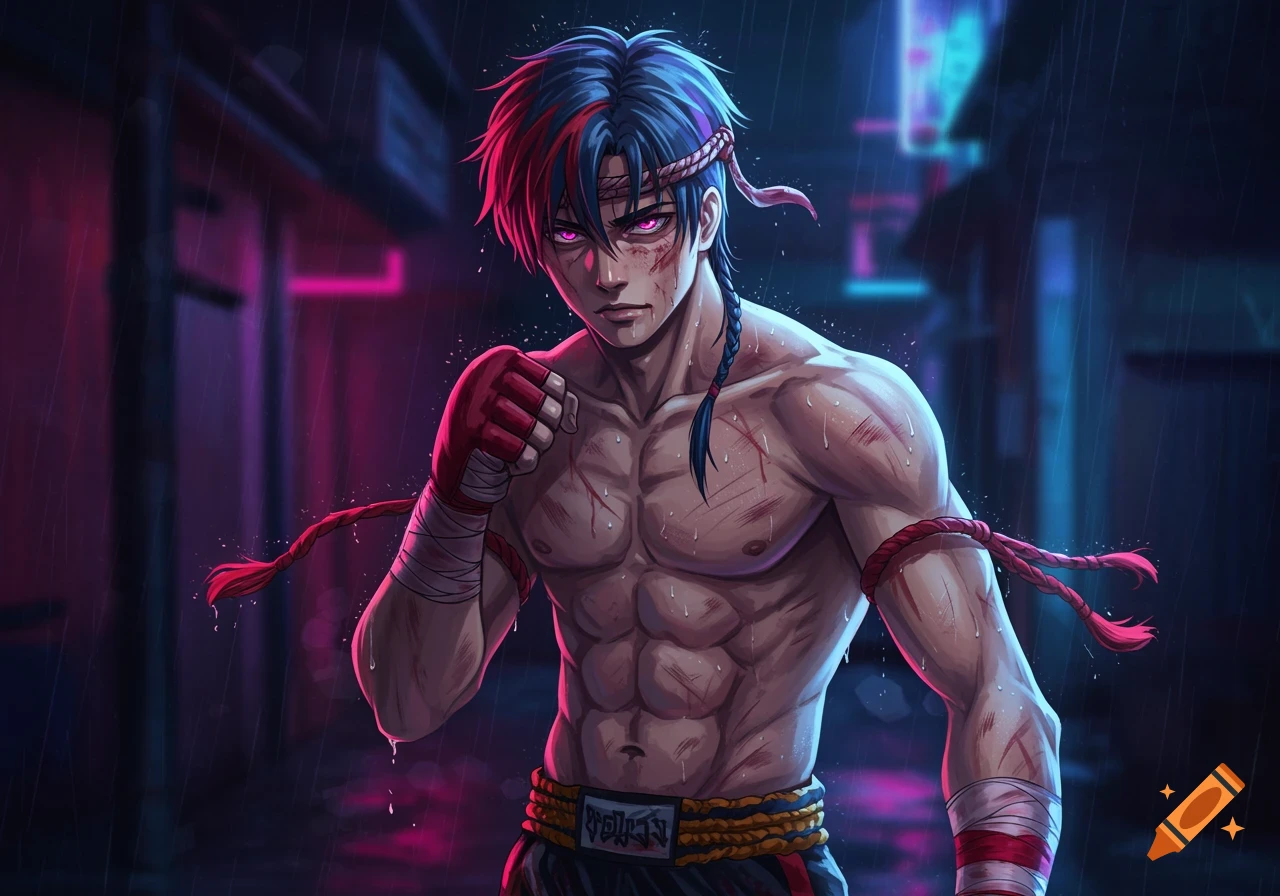Anime-style Muay Thai fighter with scars and red hand wraps in a rainy, neon-lit alley.