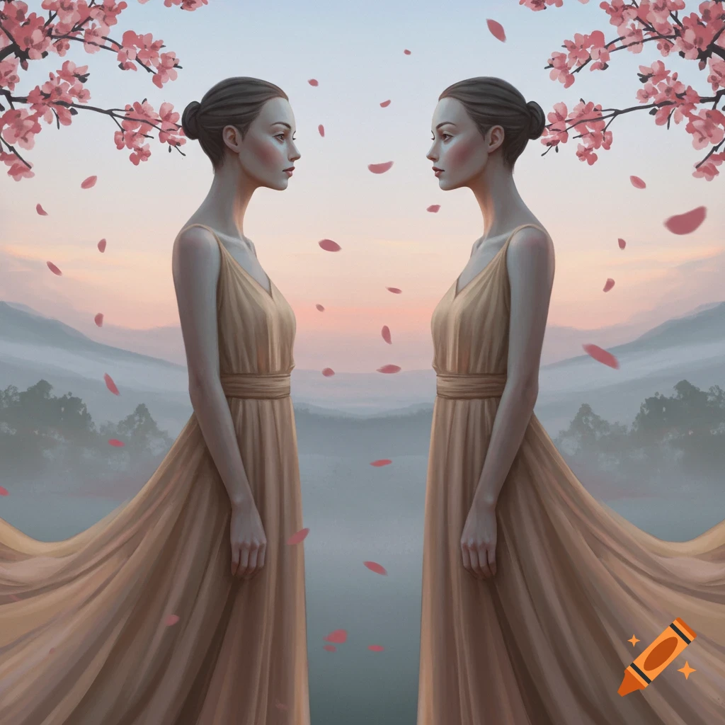 Two identical women in golden dresses face each other under cherry blossoms in a misty, painterly landscape.