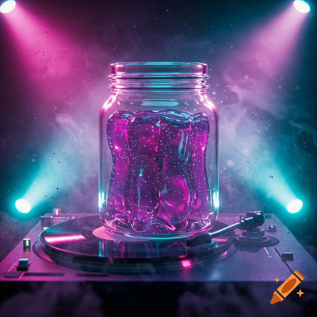 A clear glass jar filled with sparkling purple liquid sits on a vinyl record player, illuminated by pink and blue neon lights.