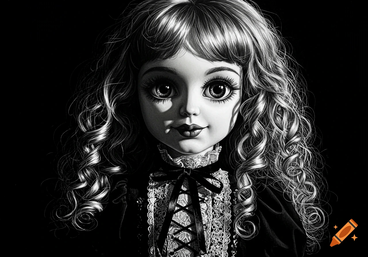 Black and white gothic drawing of a doll with large circle eyes, long curly hair, and a ruffled collar with a bow.