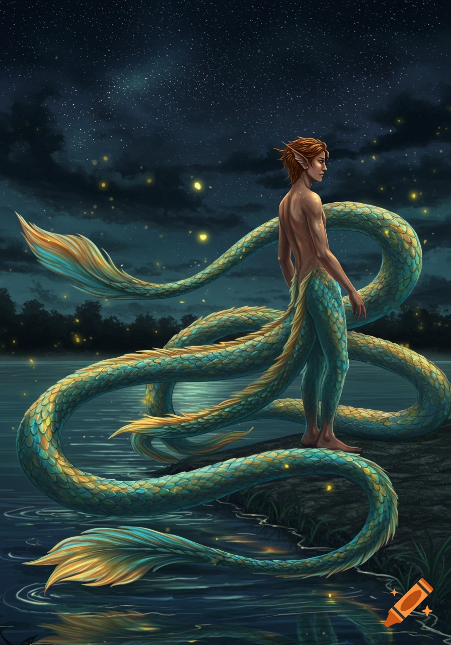 A multi-tailed merman with elfin ears stands by a calm lake under a starry night sky with glowing fireflies.