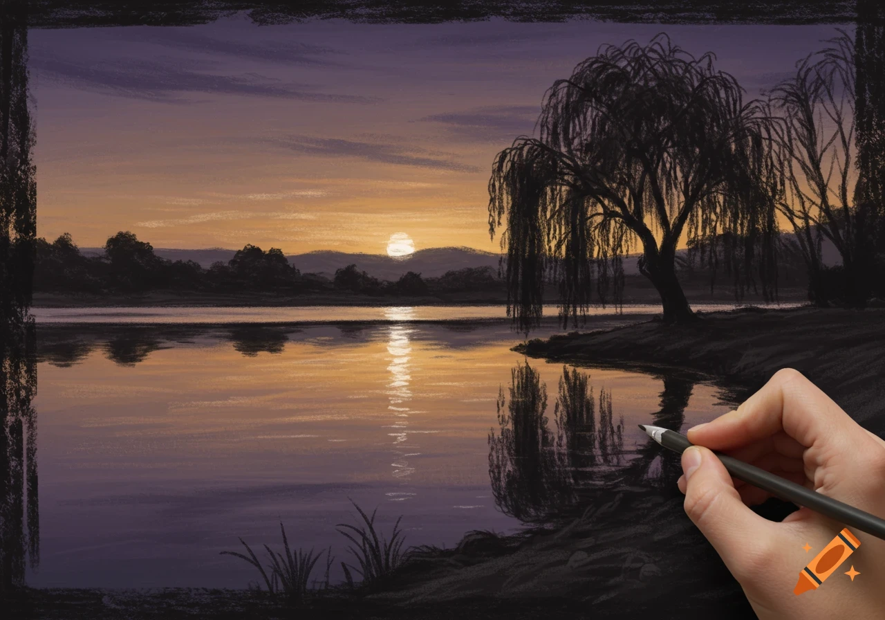 A hand draws a sunset landscape with a lake and a weeping willow tree in a digital art style.