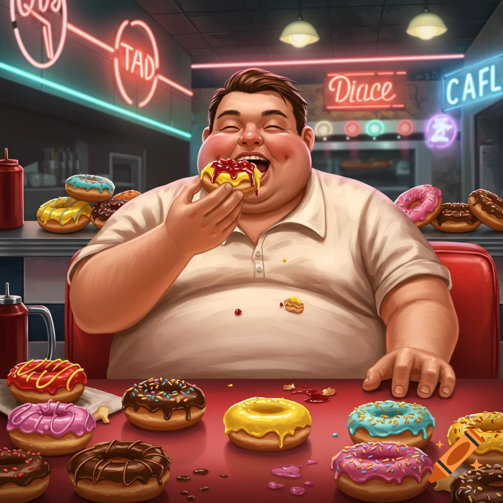 A cartoonishly obese man joyfully eats a donut at a diner table filled with many colorful donuts, under neon signs.
