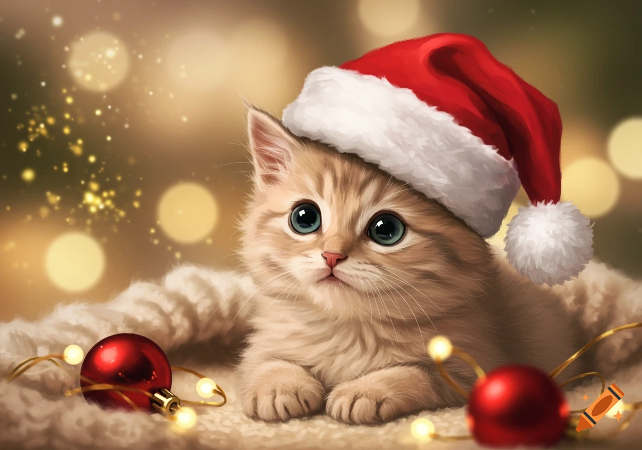 Cute fluffy kitten in a Santa hat, surrounded by glowing Christmas lights and red ornaments.