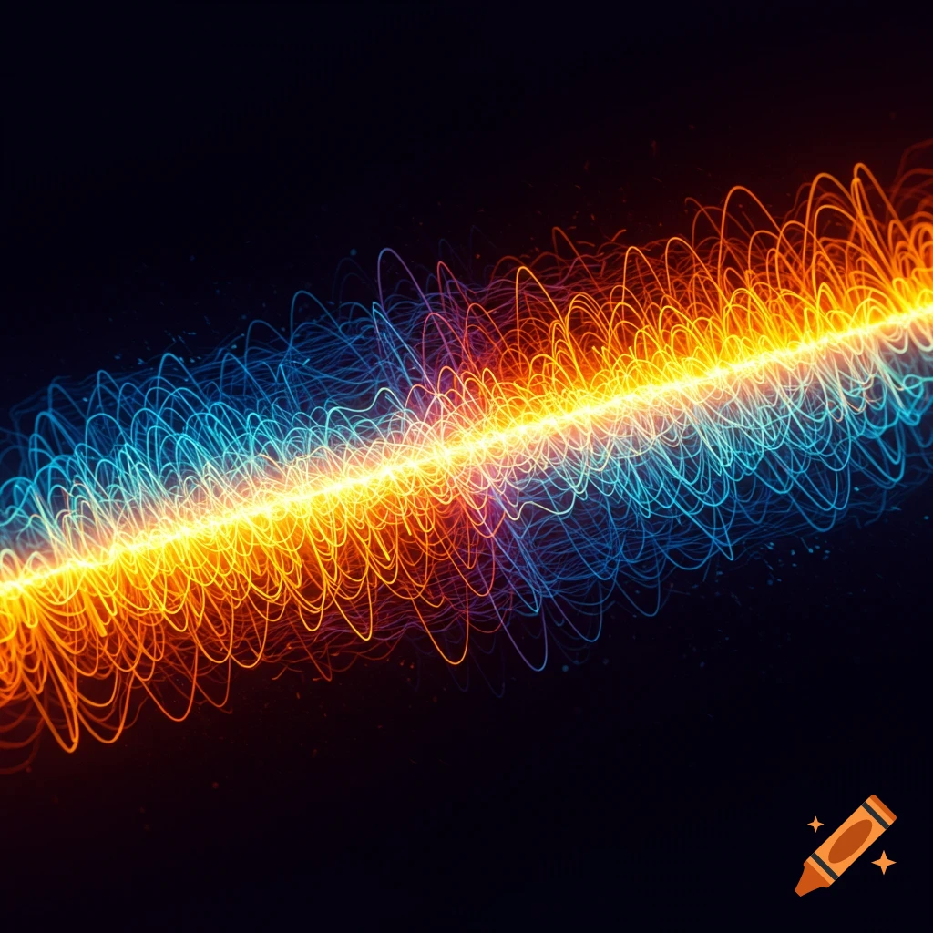 Vibrant glowing abstract lines, blue and orange, against a dark background, resembling sound waves or energy.