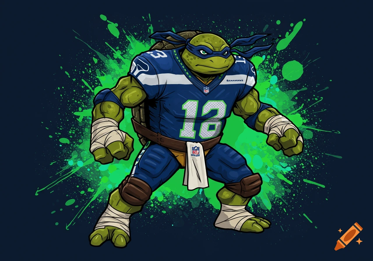 A cartoon ninja turtle wearing a blue and green Seattle Seahawks football uniform with the number 12.
