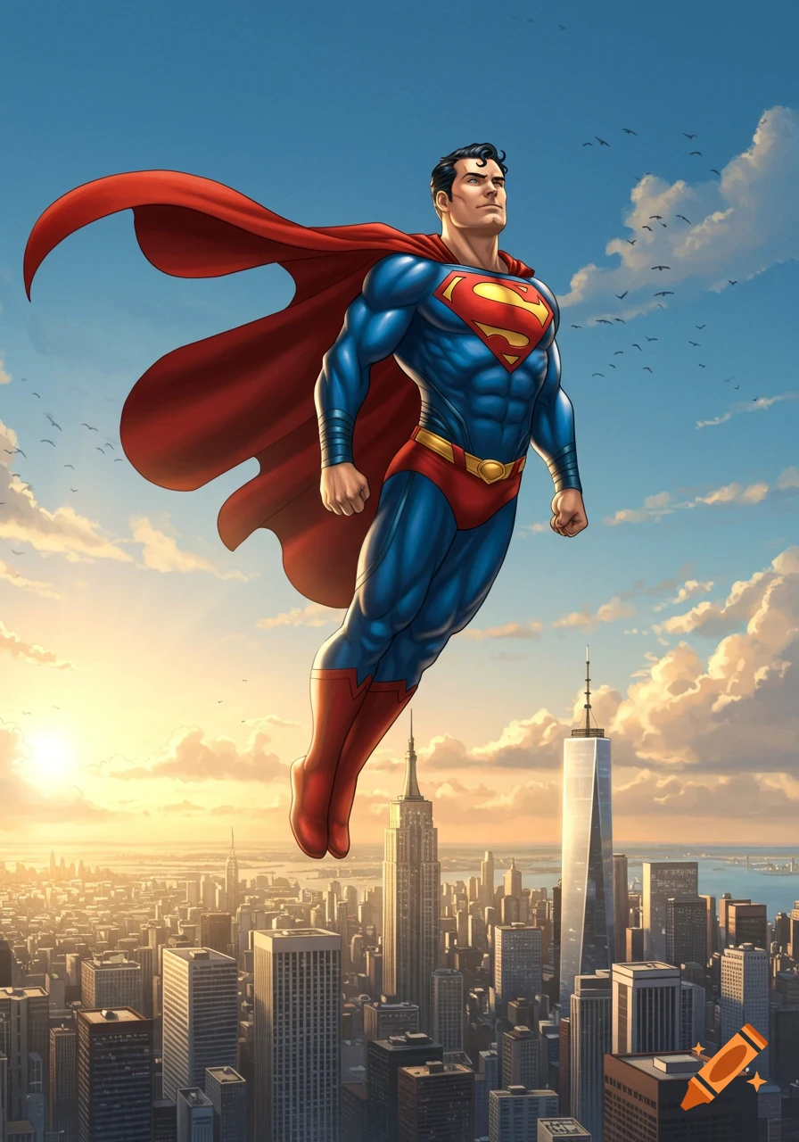 Superman flies high above a bustling city skyline during sunset, depicted in a vibrant comic book art style.