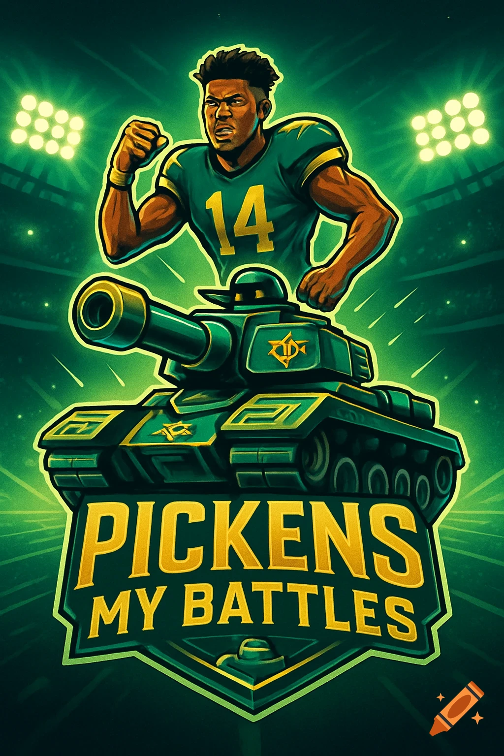 Cartoon football player in a stadium with a green tank and 'Pickens My Battles' text.